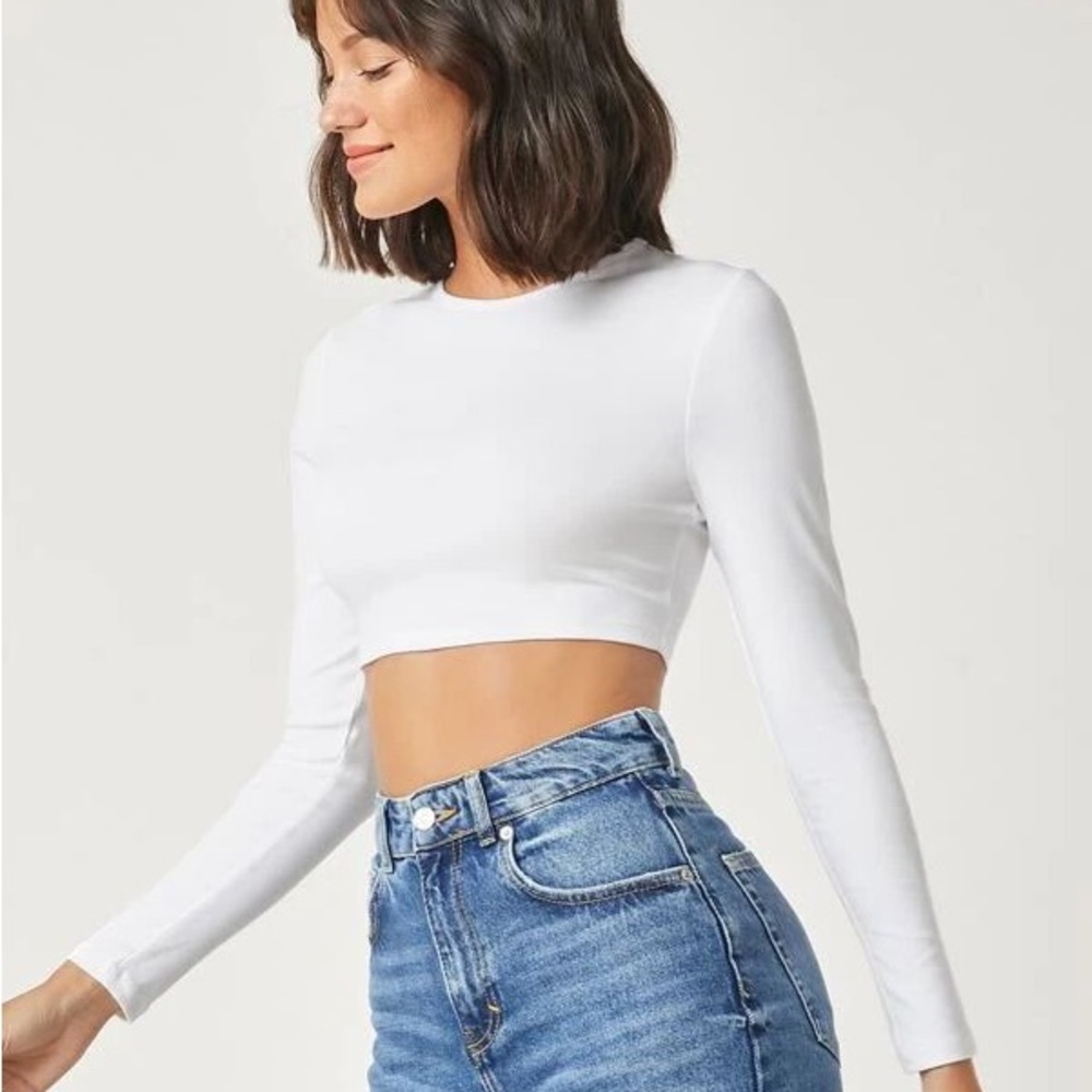 BASICS Cotton White Solid Fitted Long Sleeve Crop Top
